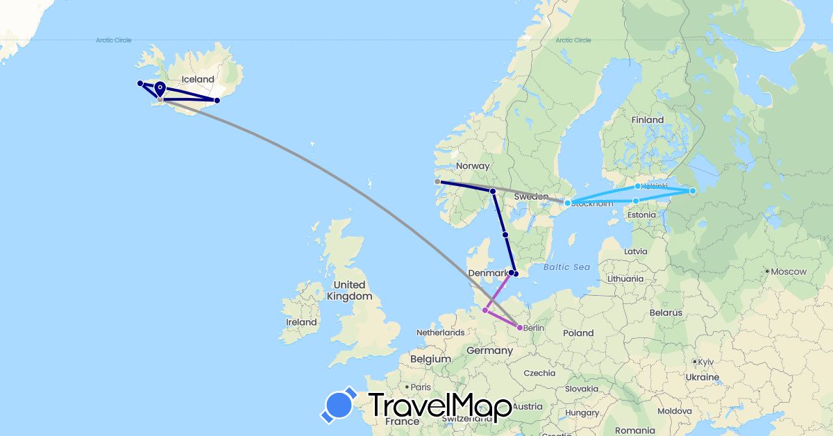 TravelMap itinerary: driving, plane, train, boat in Germany, Denmark, Estonia, Finland, Iceland, Norway, Russia, Sweden (Europe)